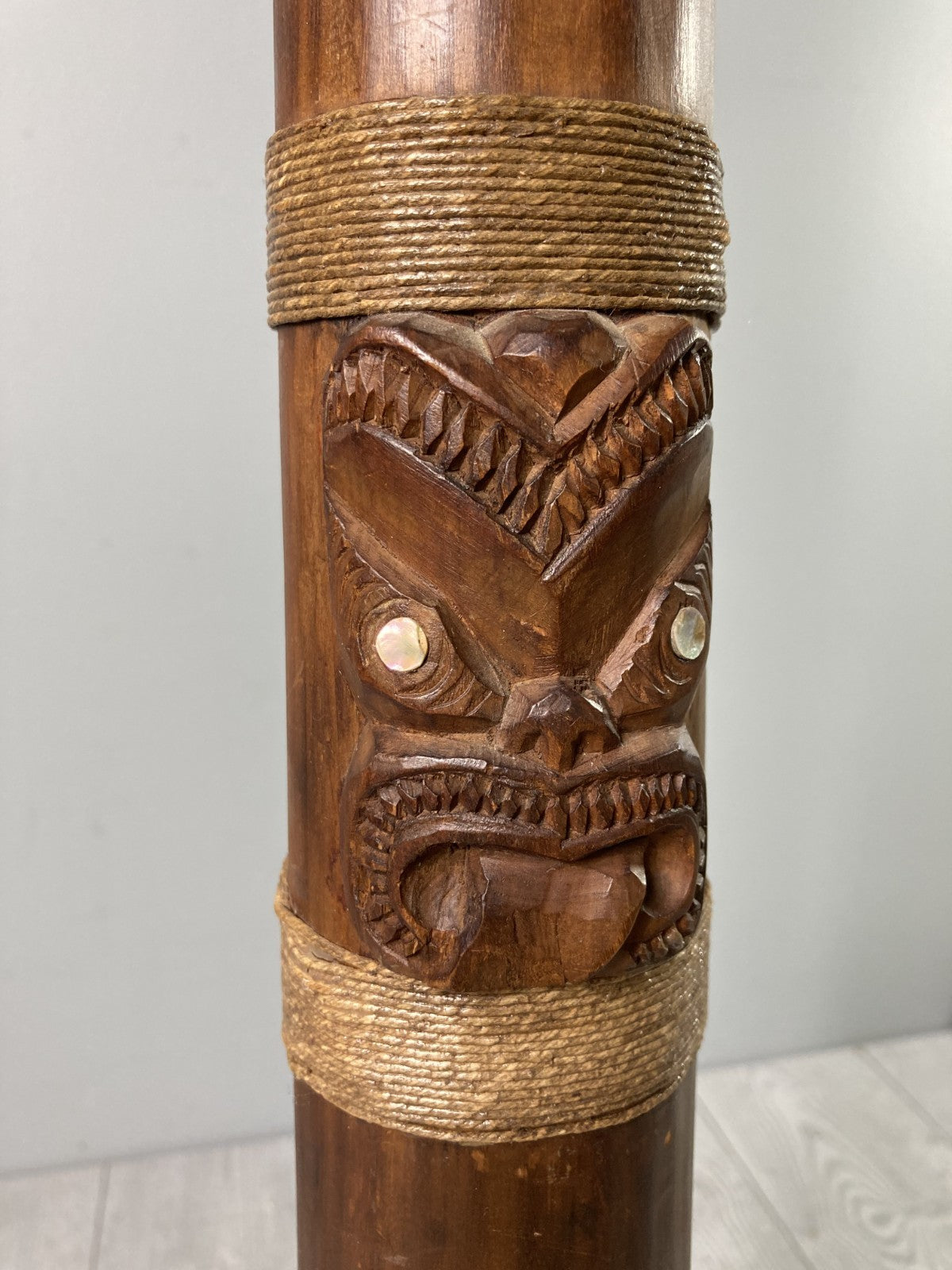 Decorative Tall Wooden Horn Shaped Polynesian Tribal Art Piece Mother of Pearl