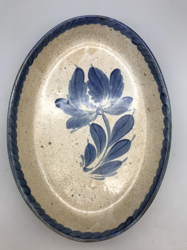 Vintage Siegfried Hand Made Deep Dish Blue Flower Pottery Plate