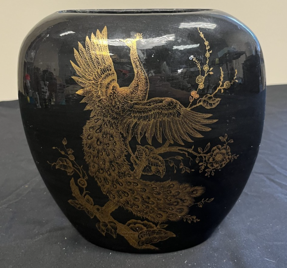 Vintage 80s Black and Gold Peacock Flat Oval Vase