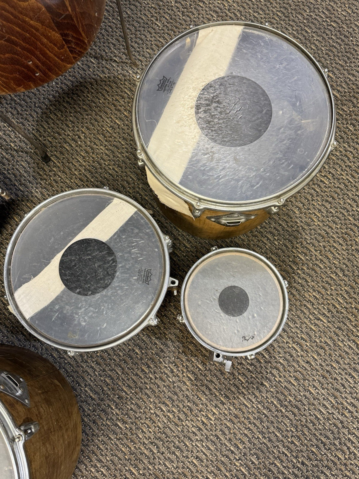 Vintage 6-Piece Set of 70s Rogers "Big R" Drums Wood Butcher Block Finish