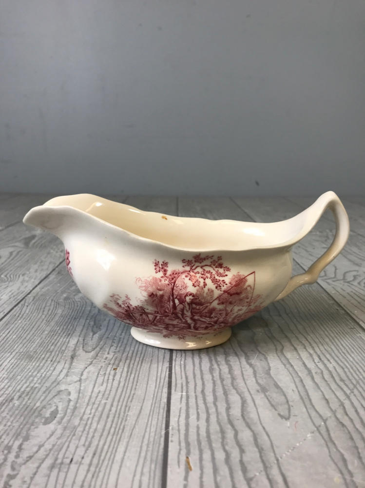 Vintage Stream Fishing Johnson Bros Gravy Dish w Handle Red Pink White England