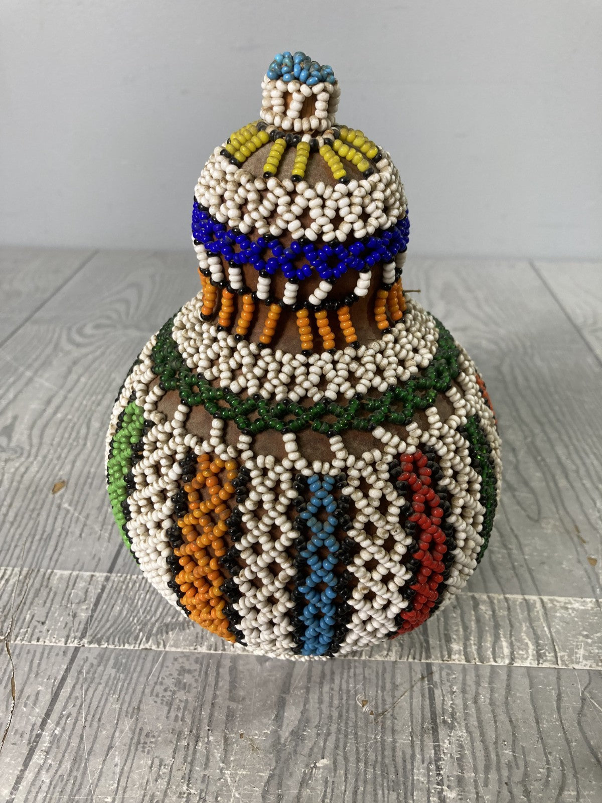 African Zulu Beaded Snuff Gourd Tribal Art & Decor with Elaborate Beadwork