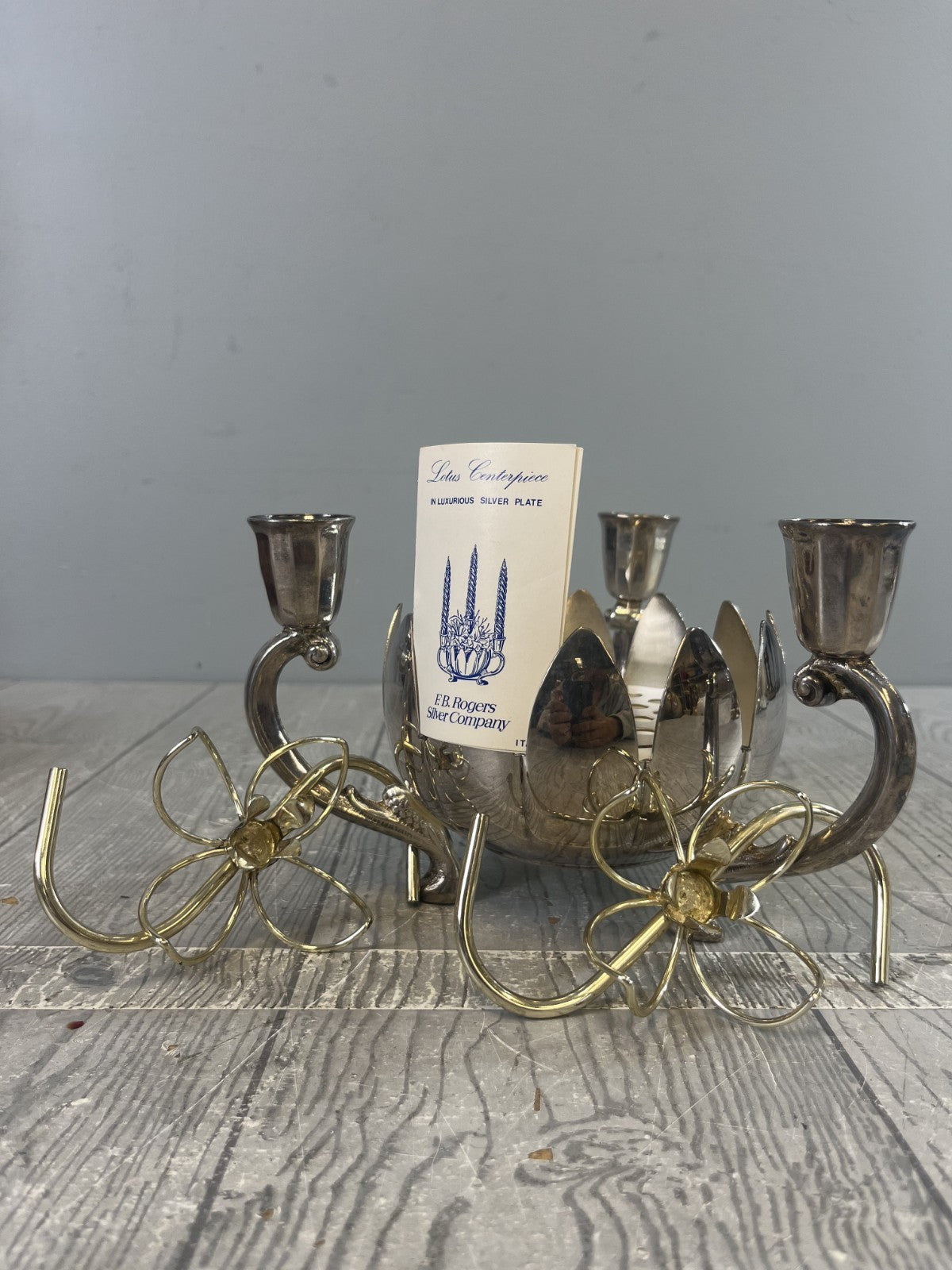 Vintage Silver Plate Lotus Three Candle Holder with Original Paperwork No Box