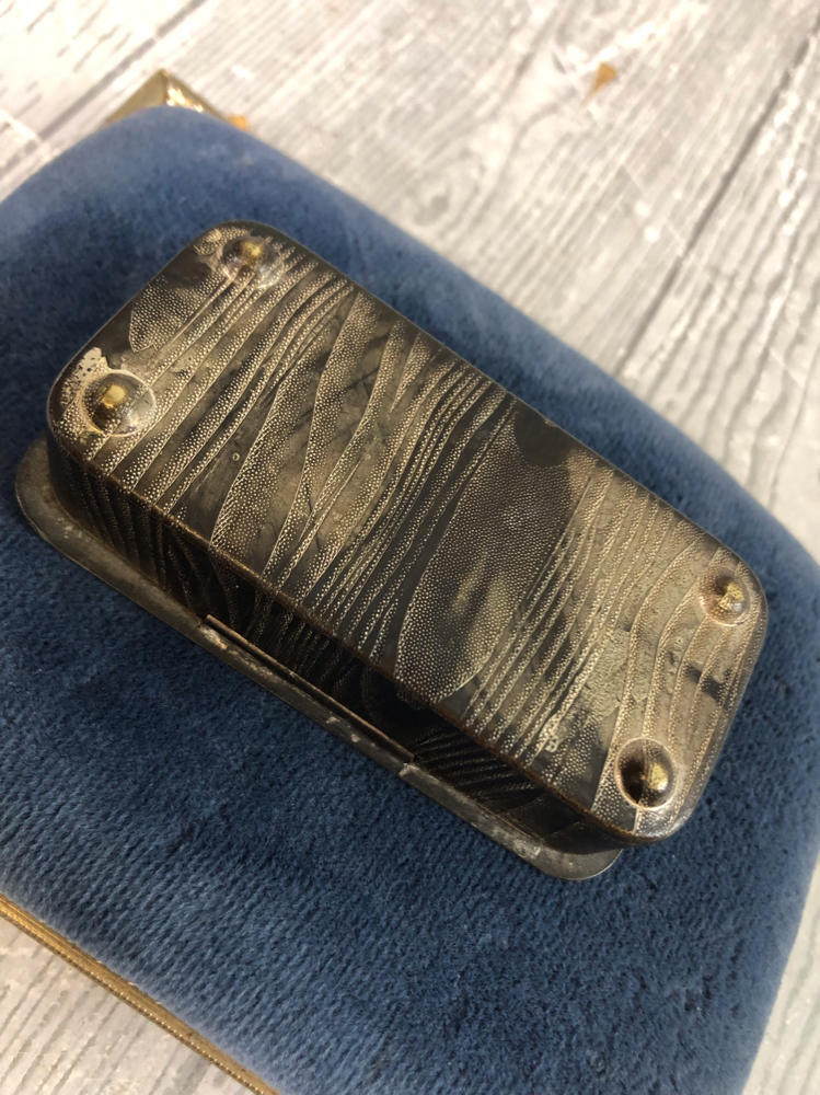 Antique Hair PIn Box My Friend Inscription Etched in Dark Metal Floral Design