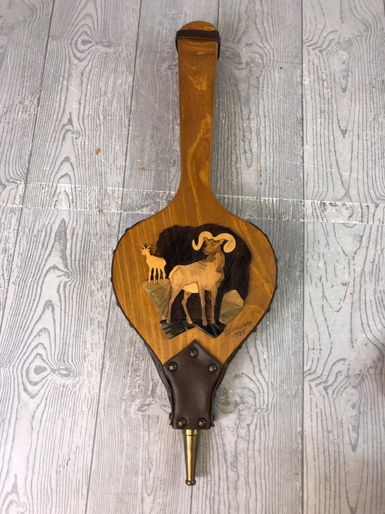 UNIQUE!!! Antique Fireplace Bellows Wood & Leather Work Fold Art Engraved Rams