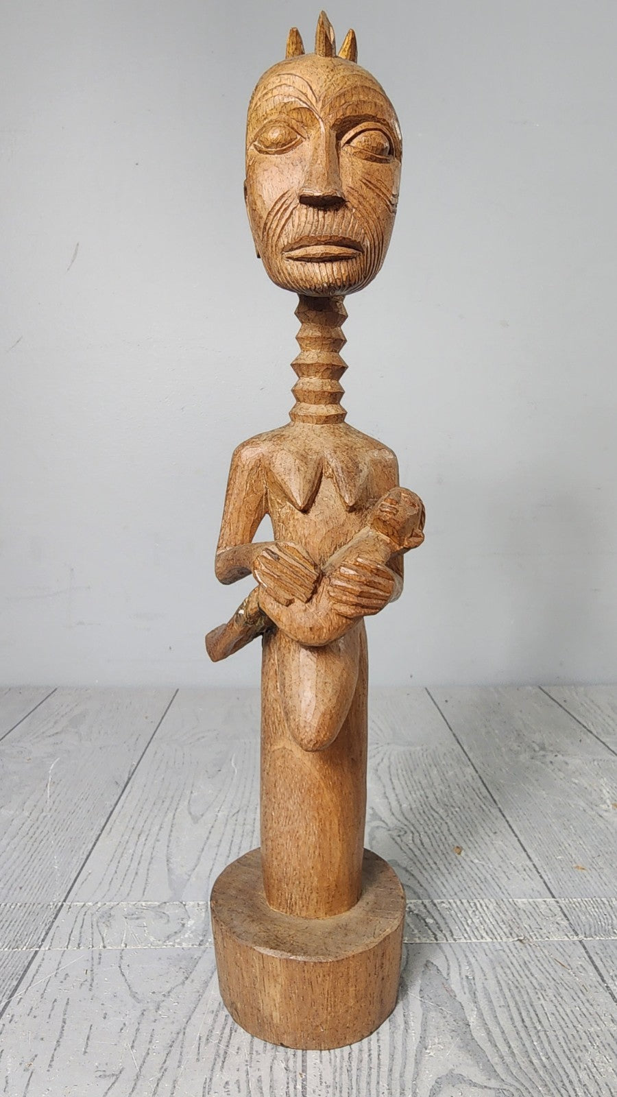 Unique!!! 16" Vintage Tribal Wood Carved Nude Woman Holding Baby