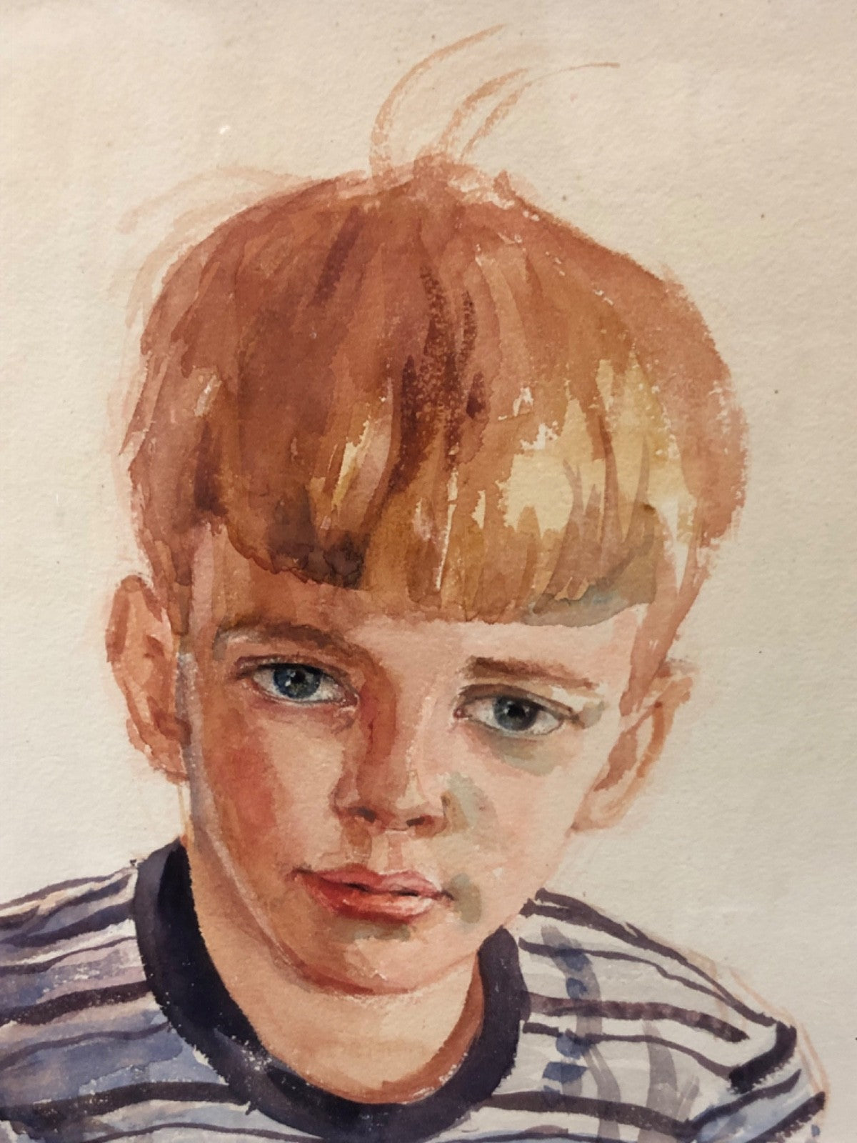 Watercolor Painting of Little Boy in Striped Shirt Painted by Florence Reed