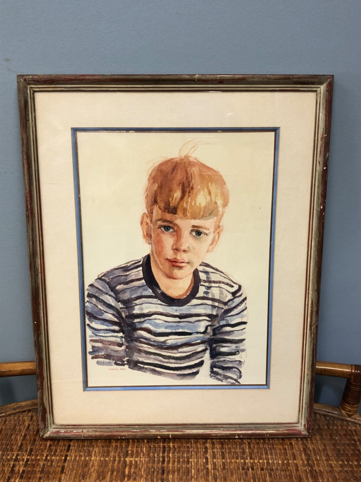 Watercolor Painting of Little Boy in Striped Shirt Painted by Florence Reed