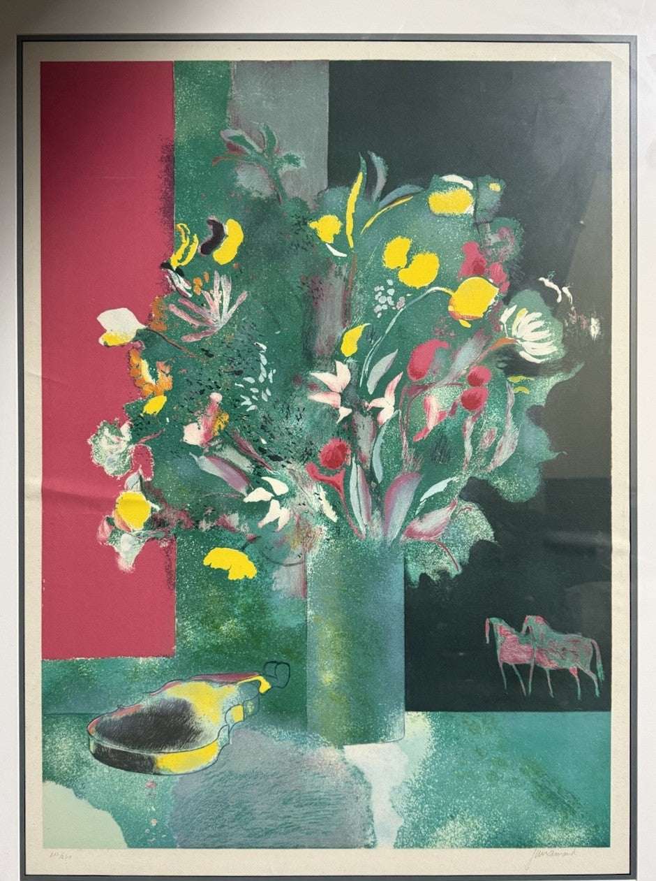 Lithograph in the Style of Paul Guiramand French Flowers, Violin, and Horses