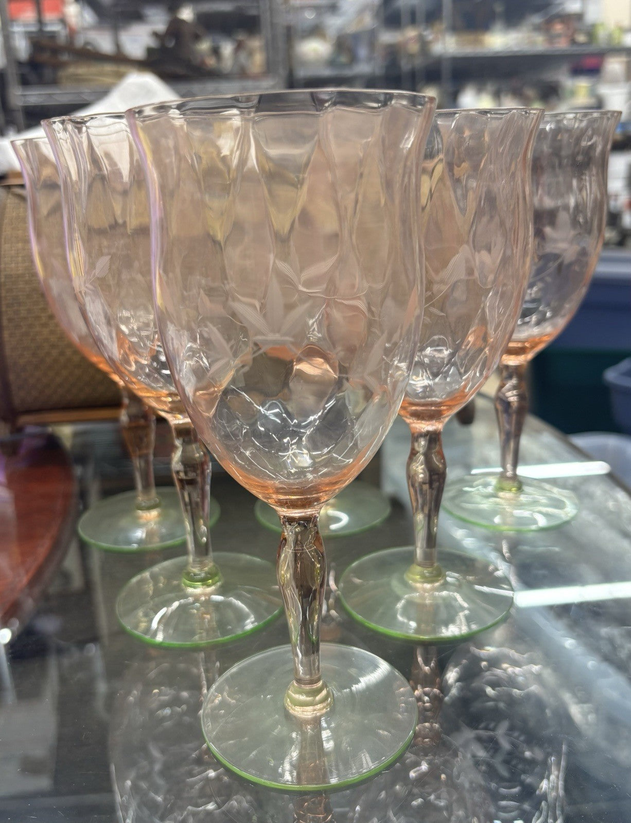 Vintage Pink And Green Tiffin Glass Etched Stemmed Uranium Wine Glasses Set Of 6