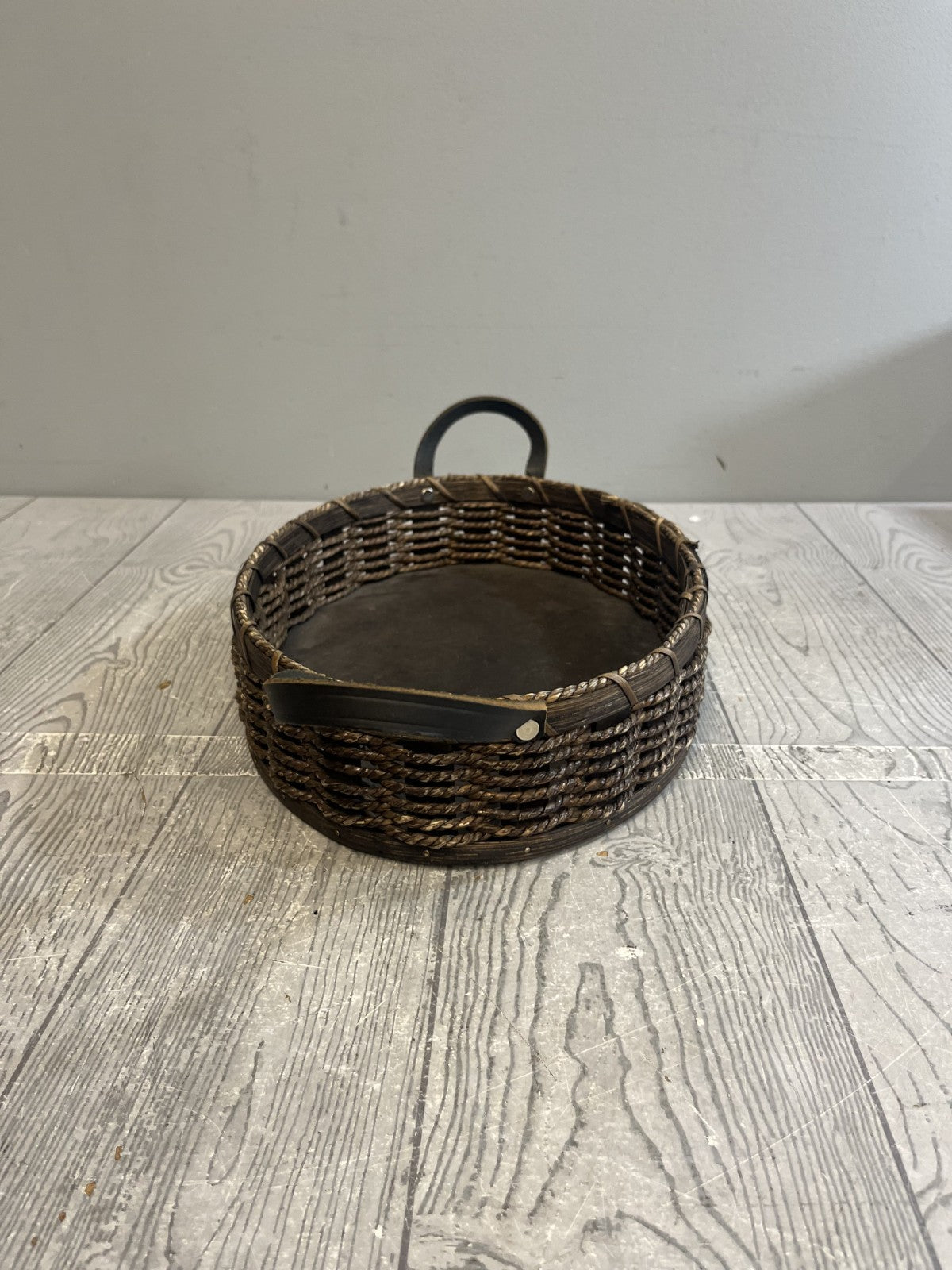 Vintage Handmade Amish Basket in Dark Brown Leather Handles Signed