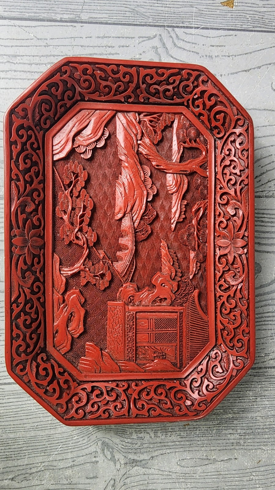 Vintage Mid-20th Century Chinese Hand Carved Cinnabar Inspired Lacquer Plate