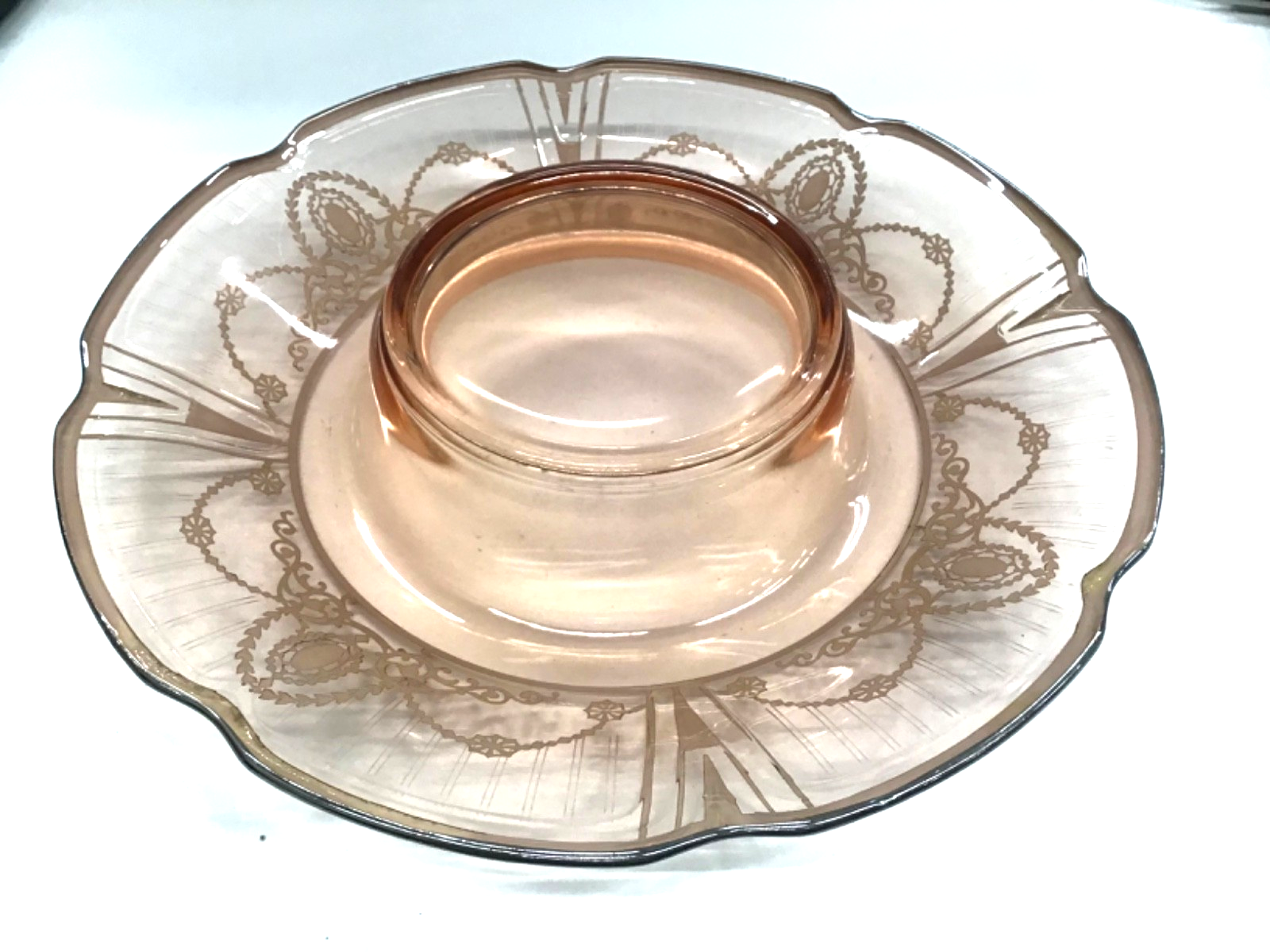 Vintage Pink Depression glass Etched Floral Pattern Bowl