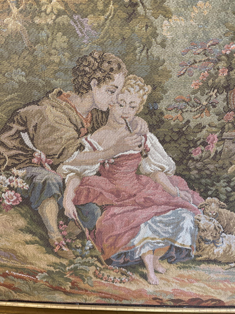 Vintage Pictorial Tapestry Romantic Tapestry in Gilded Wide Gold Frame