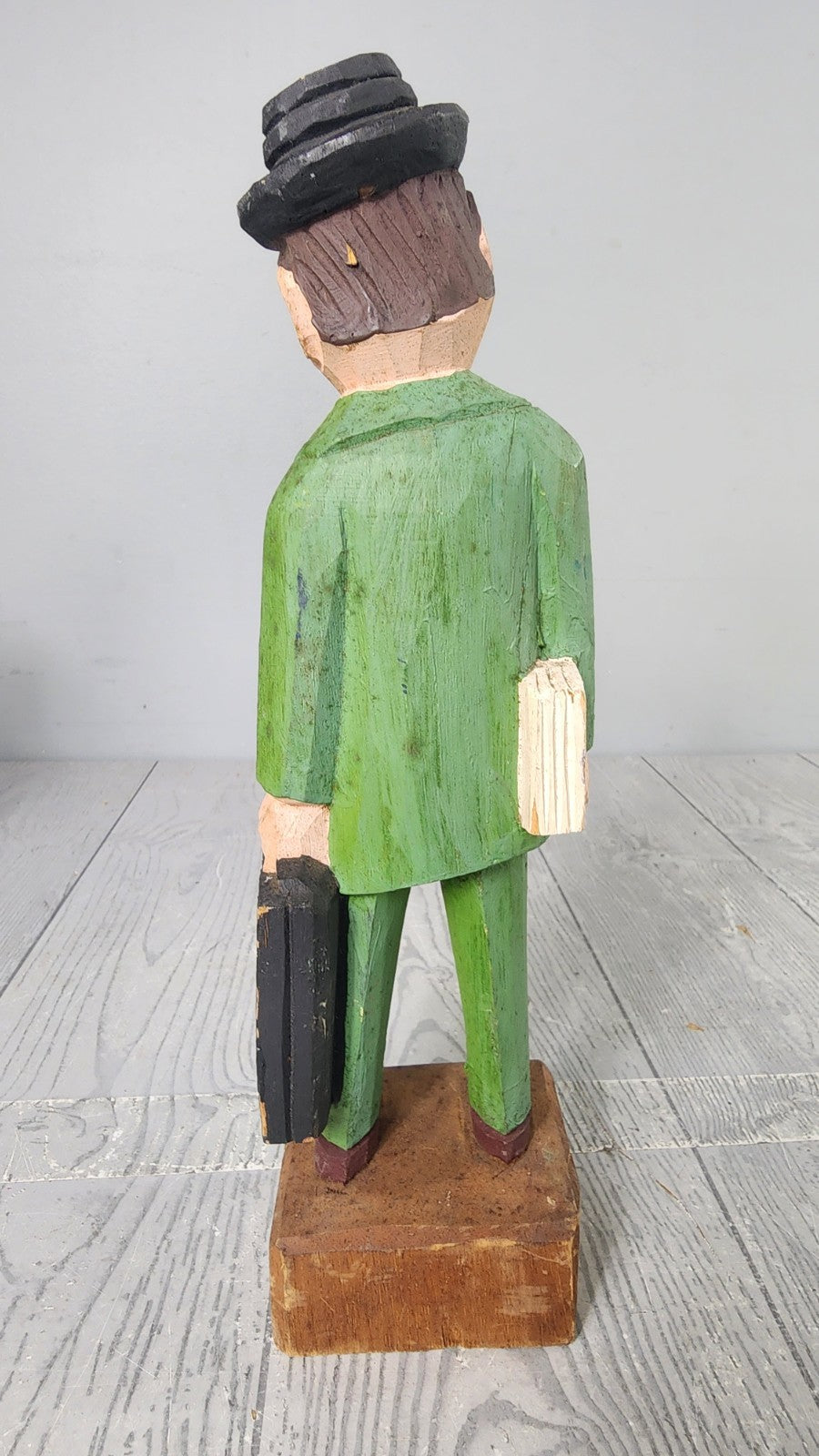 Vintage Hand Carved Wooden Statue Salesman with Cigar Wood Carving Art