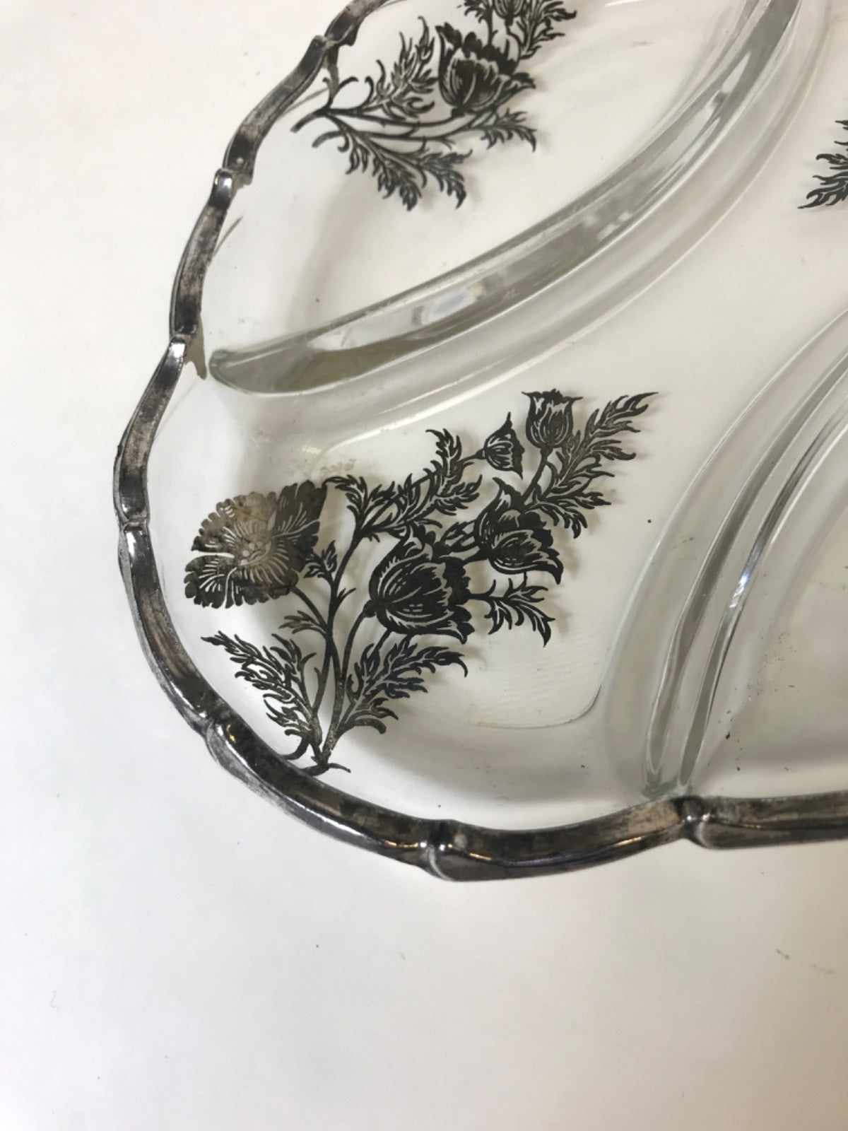 Silver City Glass Company Divided Relish Dish featuring Sterling Silver Overlay