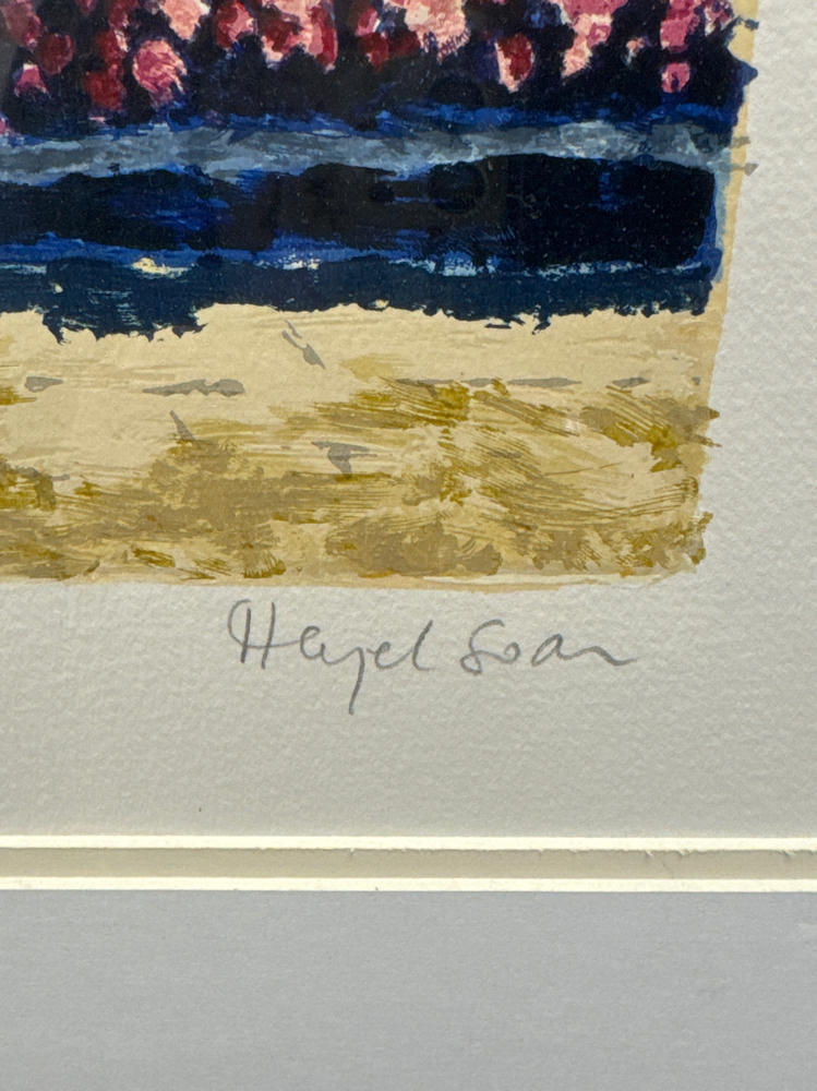 Signed Hazel Soan Terrace View 3 Sea Serigraph Painting in Gold Frame