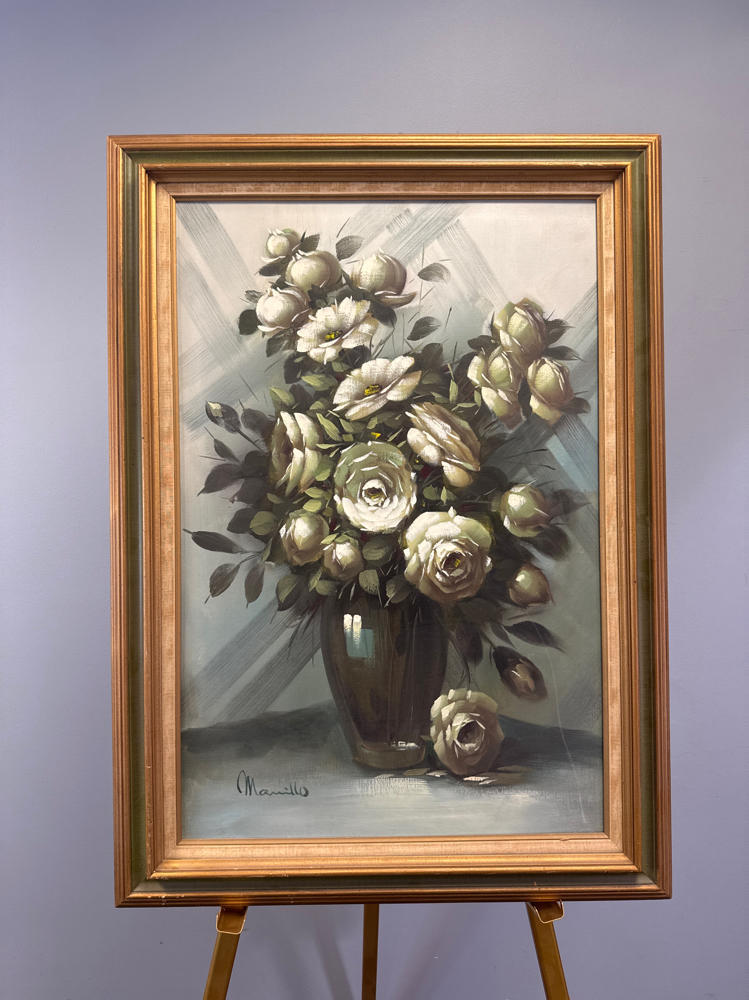 Moody Dark Floral Still Life Signed and in Wood Frame by Artist Maurillo