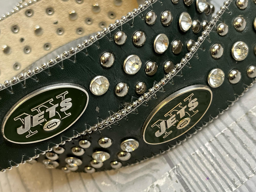 New York Jets Black NFL Leather Belt Rhinestone SIZE M Bedazzled Bling Gems