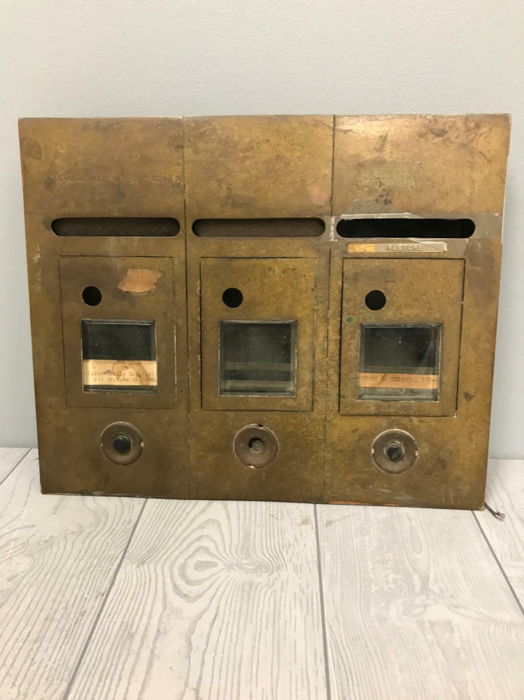 salvaged vintage mailbox and doorbell unit