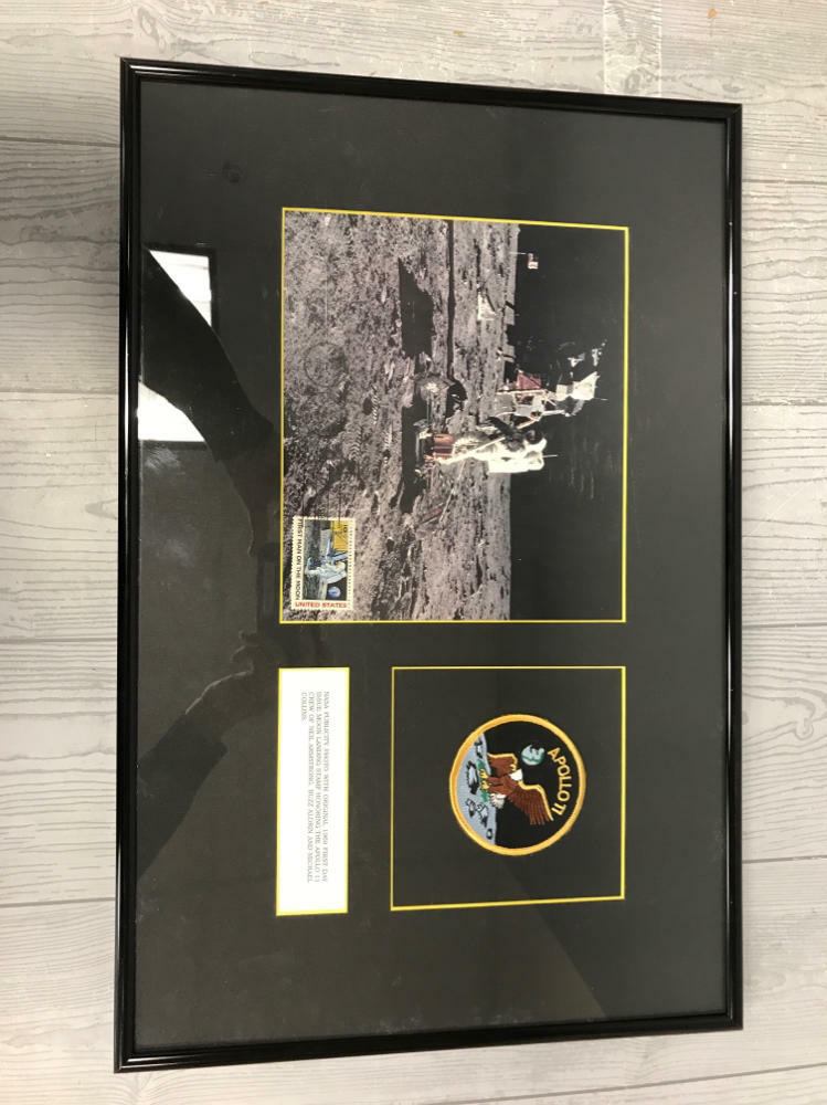 Framed NASA photo, patch, and stamp