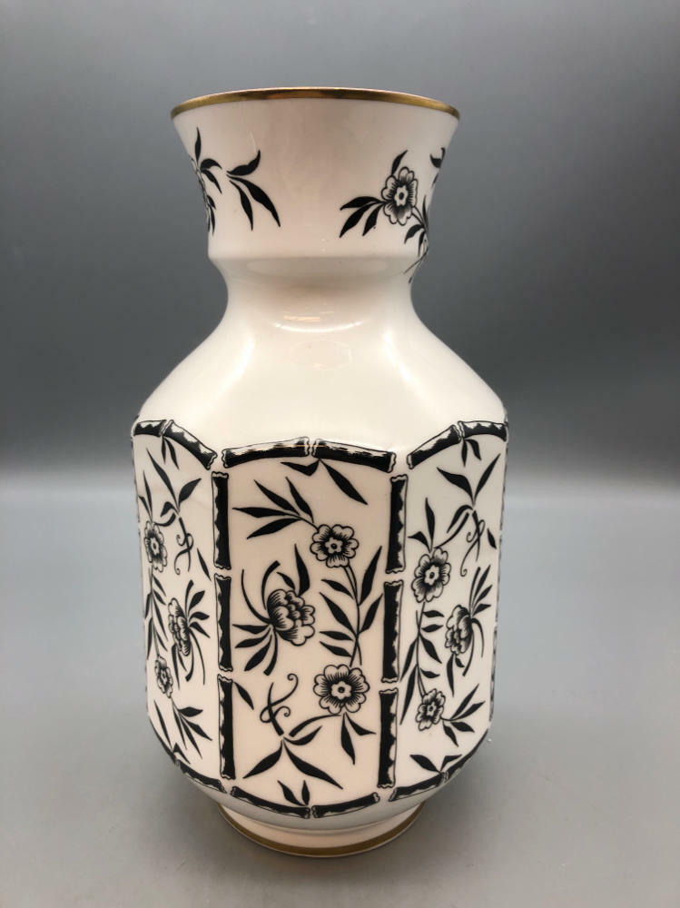 black and white floral vase gold trim