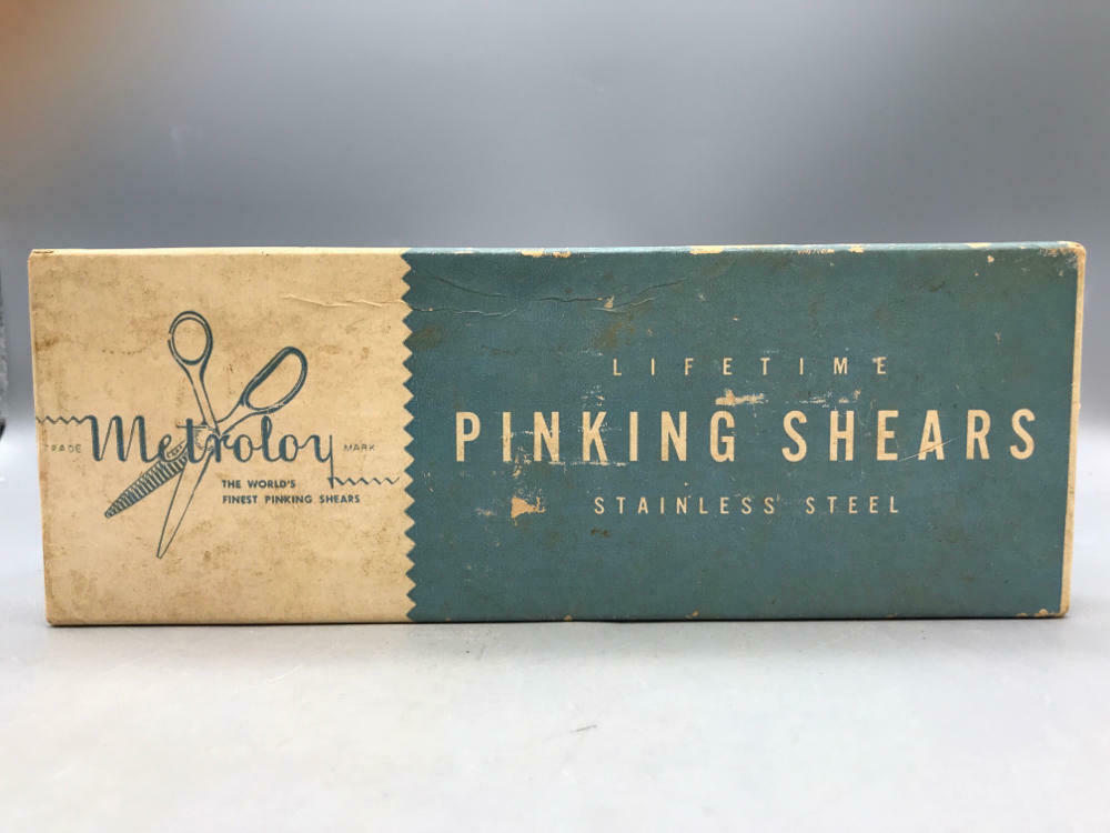 Vintage Metroloy Blue Handle Stainless Steel Pinking Shears - In Original Box - Good