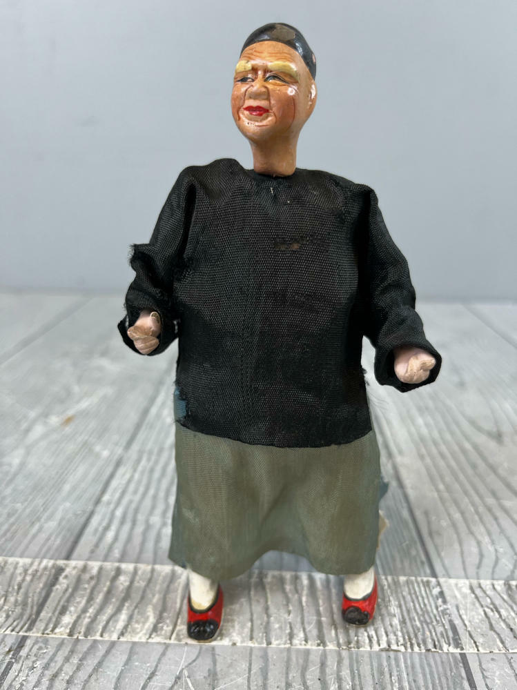 Vintage Bisque Composition Doll Figurine Asian Man on Wire Stand