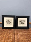 Pair of Cute Teapot and Teacup Drawings - Signed By Artist - Black Frames