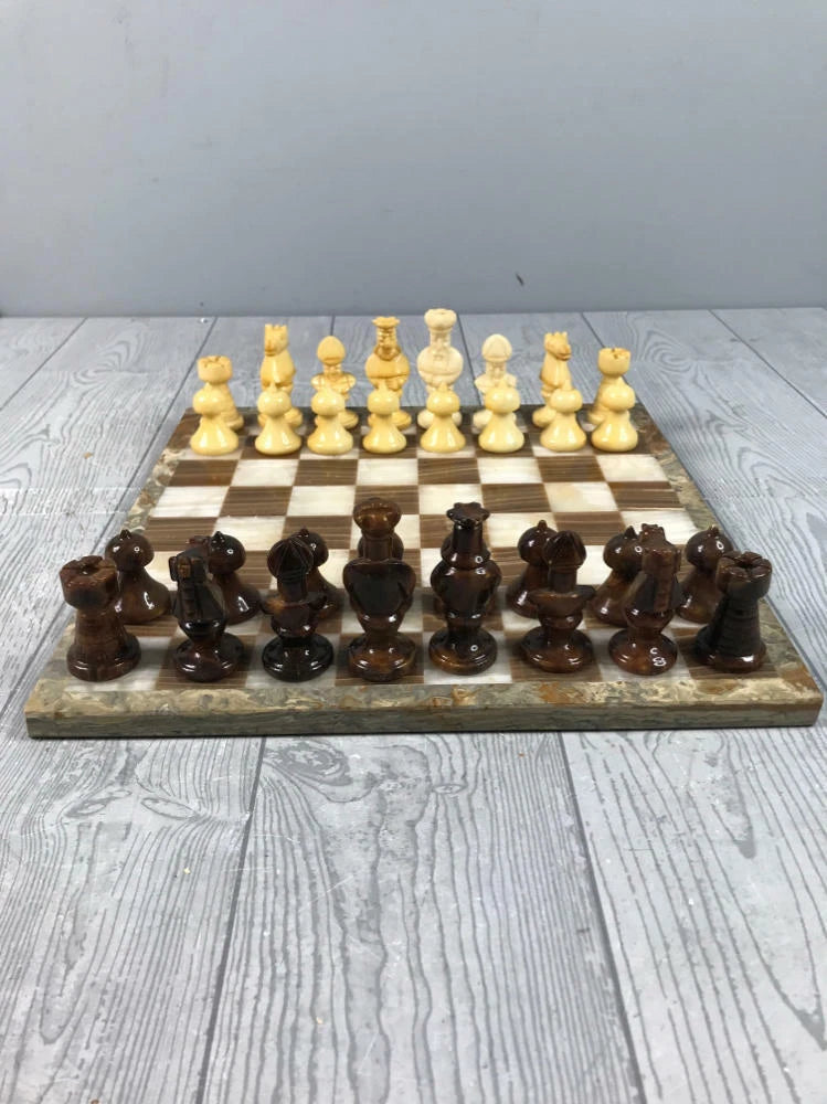 Beautiful Vintage Carved Genuine Stone Marble Chess Pieces and Board - Decor