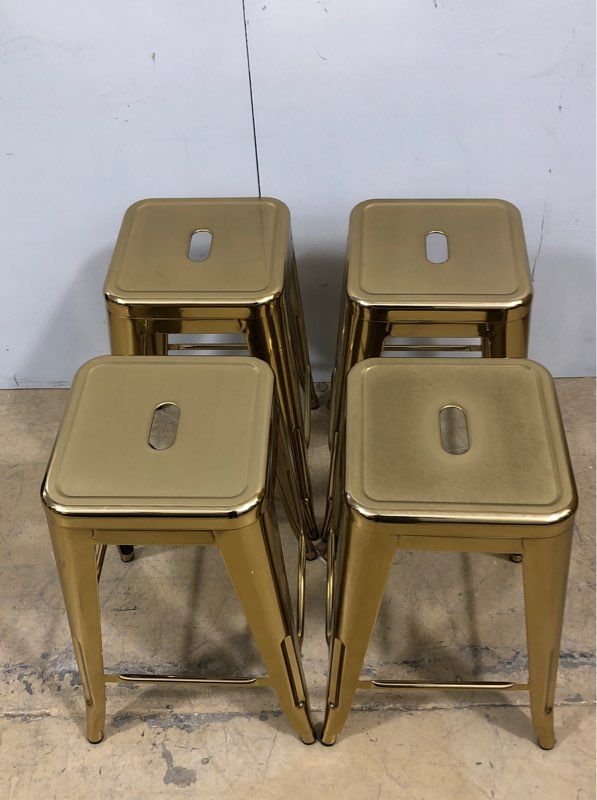 Set of Four Modern Gold Colored Bar Stools - Backless Barstools w/ Square Seats