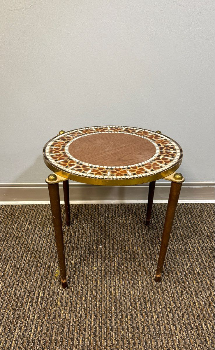 Mid Century Modern Round Tile Walnut Brass Nesting Snack Stack End Side Table