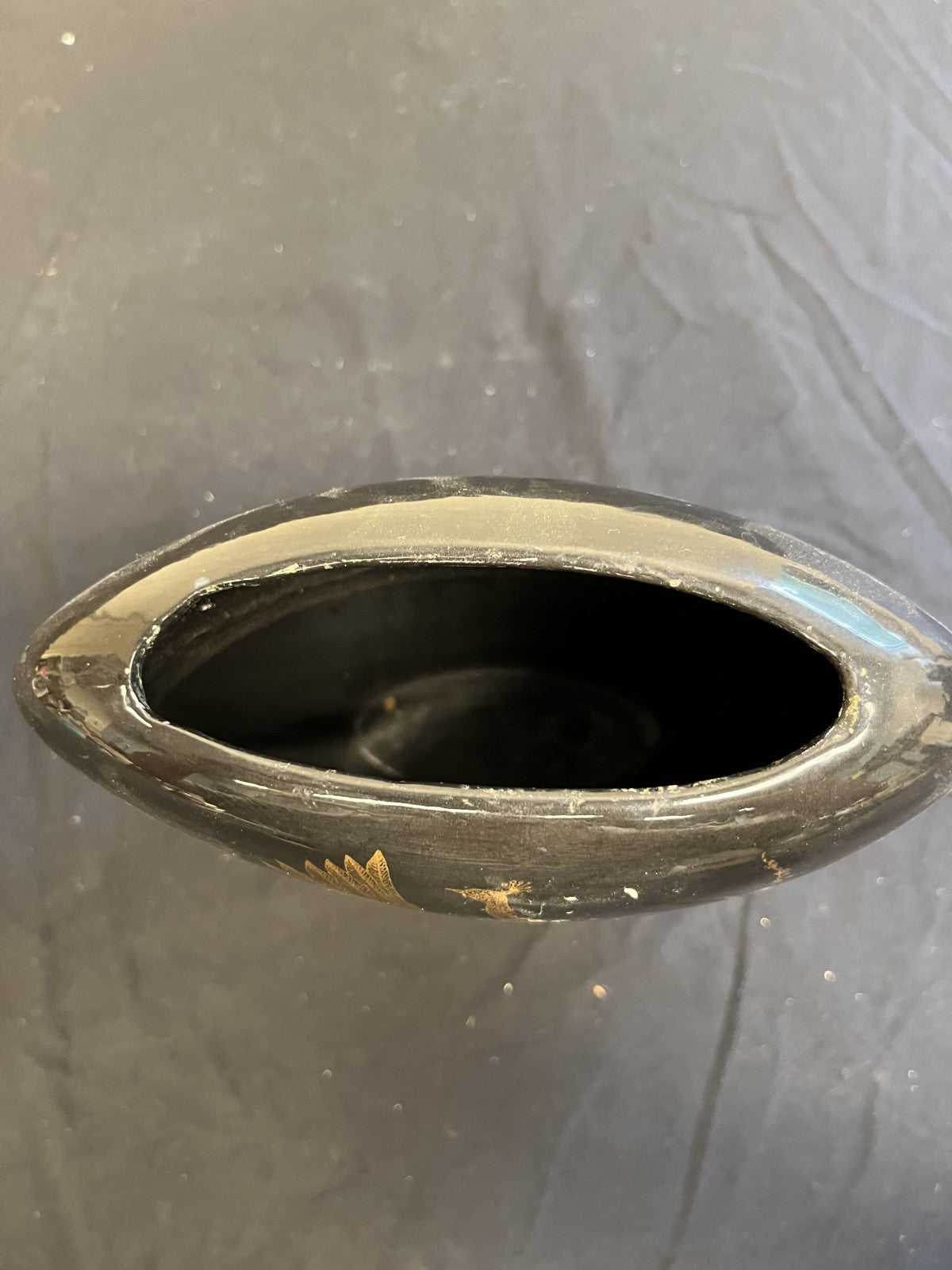 Vintage 80s Black and Gold Peacock Flat Oval Vase 