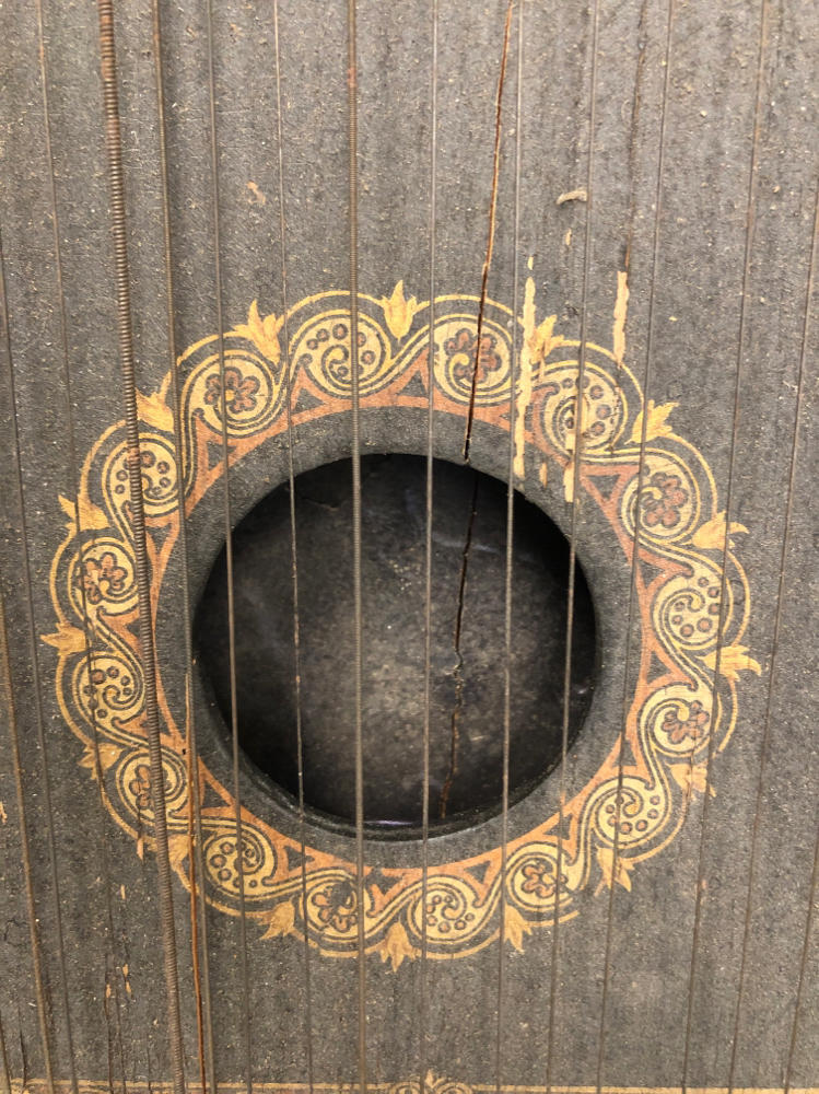 OLD VINTAGE WOOD-WOODEN LAP HARP MUSIC LAP INSTRUMENT - Bird Engraving