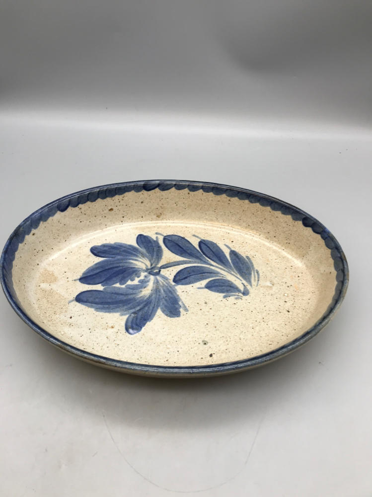 Vintage Siegfried Hand Made Deep Dish Blue Flower Pottery Plate