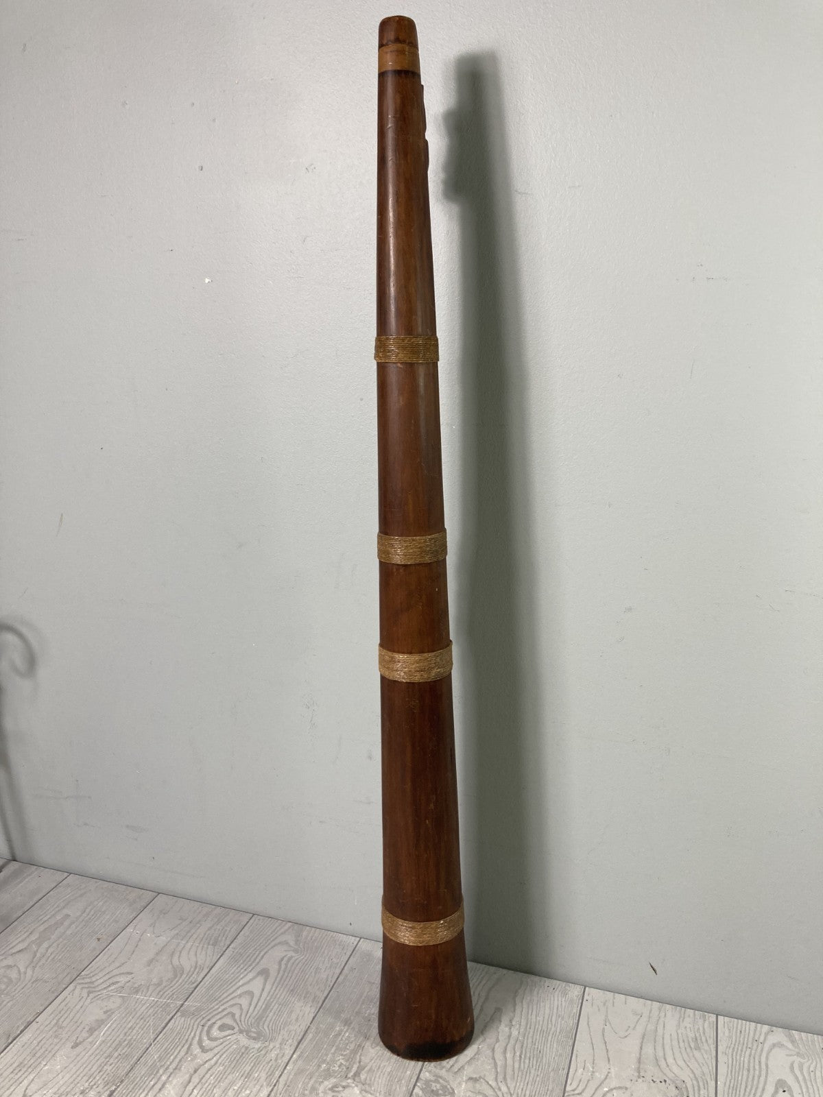 Decorative Tall Wooden Horn Shaped Polynesian Tribal Art Piece Mother of Pearl