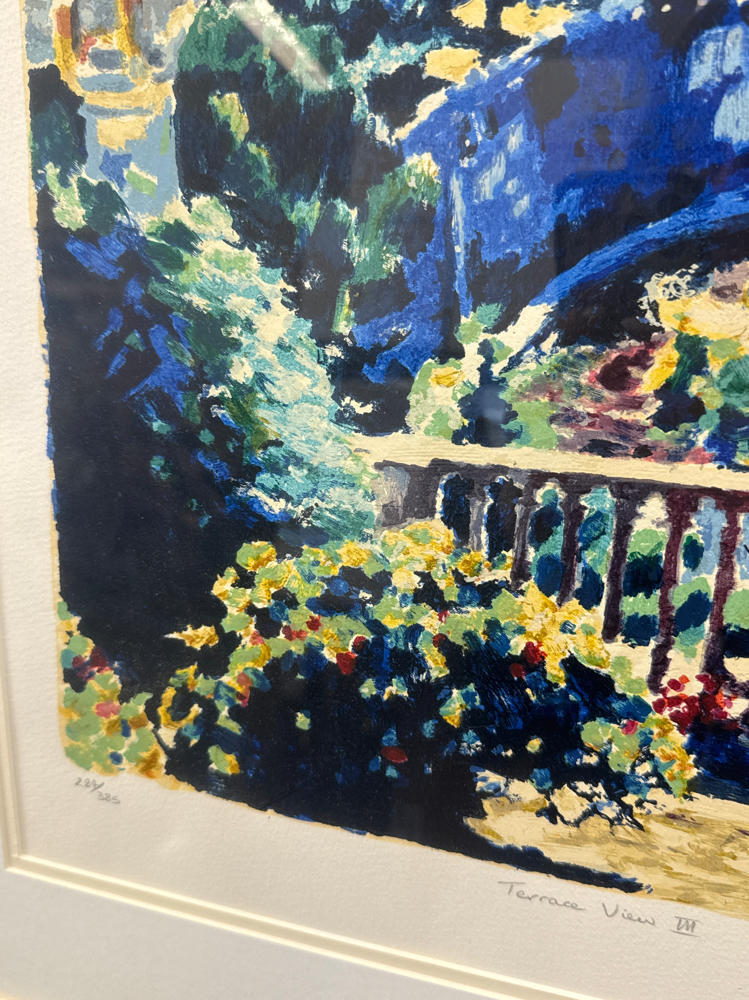 Signed Hazel Soan Terrace View 3 Sea Serigraph Painting in Gold Frame