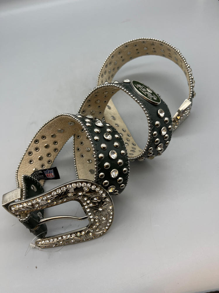 New York Jets Black NFL Leather Belt Rhinestone SIZE M Bedazzled Bling Gems