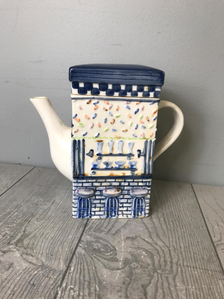Vintage "Ice Creamery Ice Cream" Store Novelty Teapot -  Blue and White Ceramic