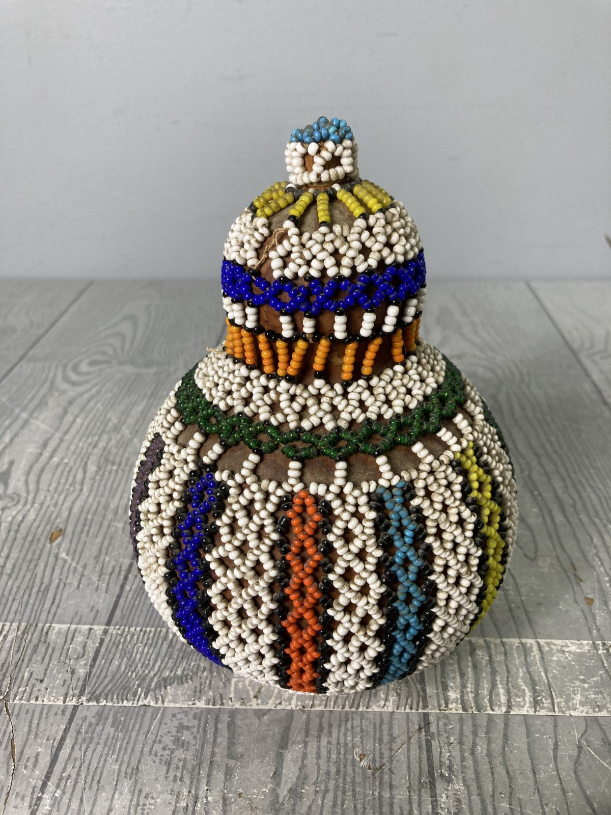 African Zulu Beaded Snuff Gourd Tribal Art & Decor with Elaborate Beadwork 