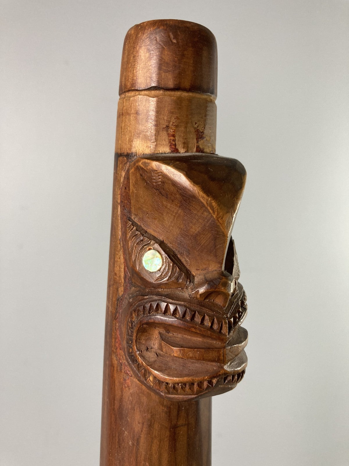 Decorative Tall Wooden Horn Shaped Polynesian Tribal Art Piece Mother of Pearl