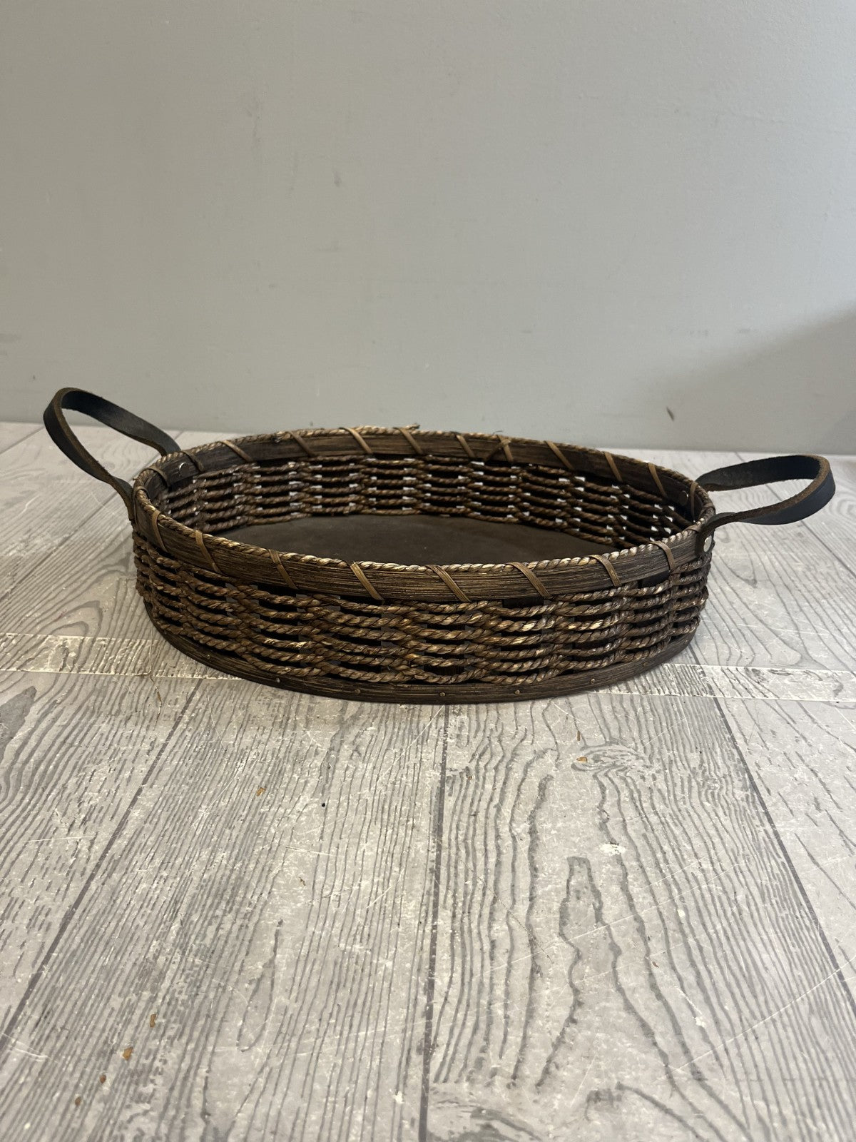 Vintage Handmade Amish Basket in Dark Brown Leather Handles Signed