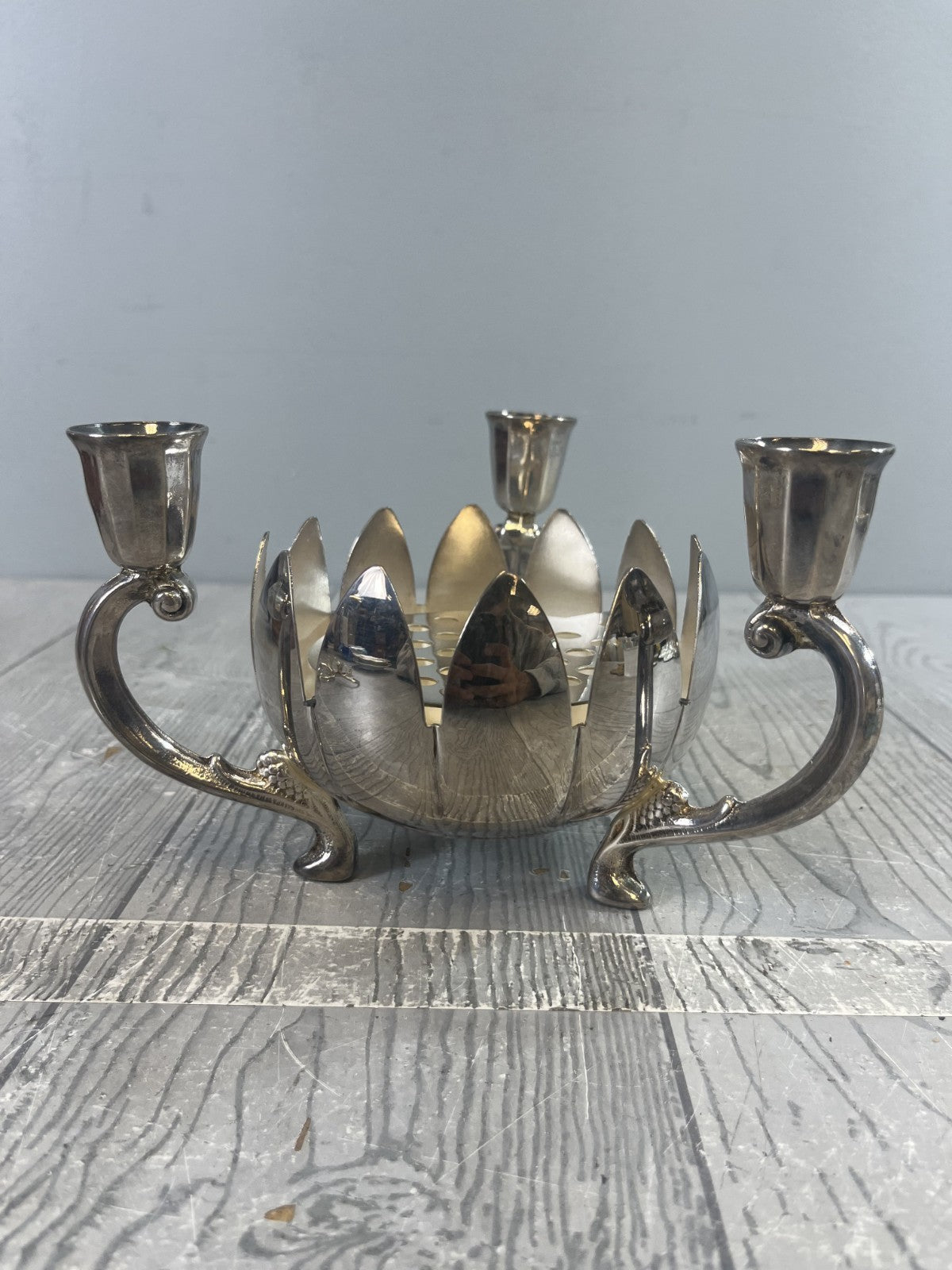Vintage Silver Plate Lotus Three Candle Holder with Original Paperwork No Box