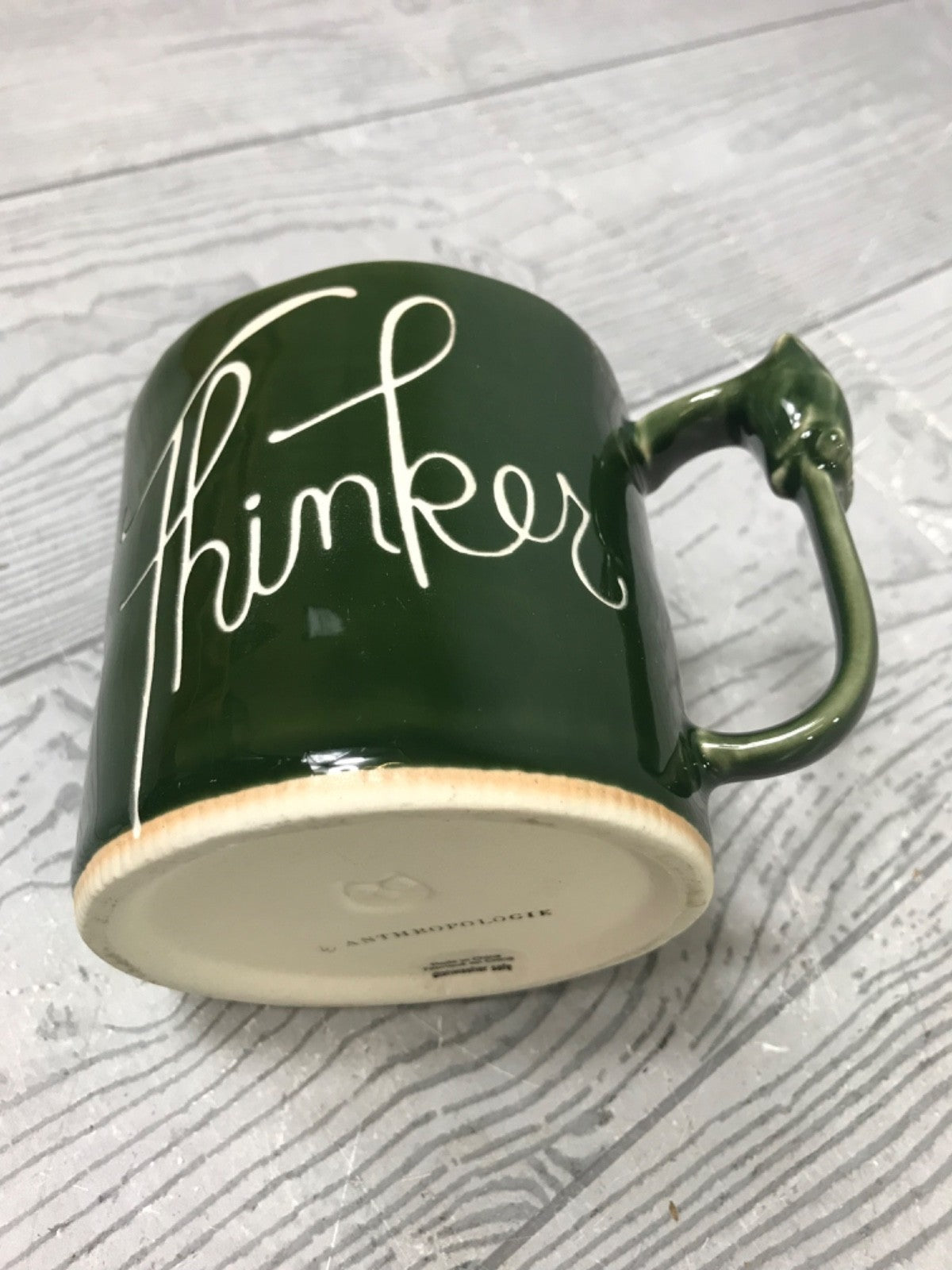 Green Anthropologie Visionary "Thinker" Mug - Green Mug With Owl on Handle