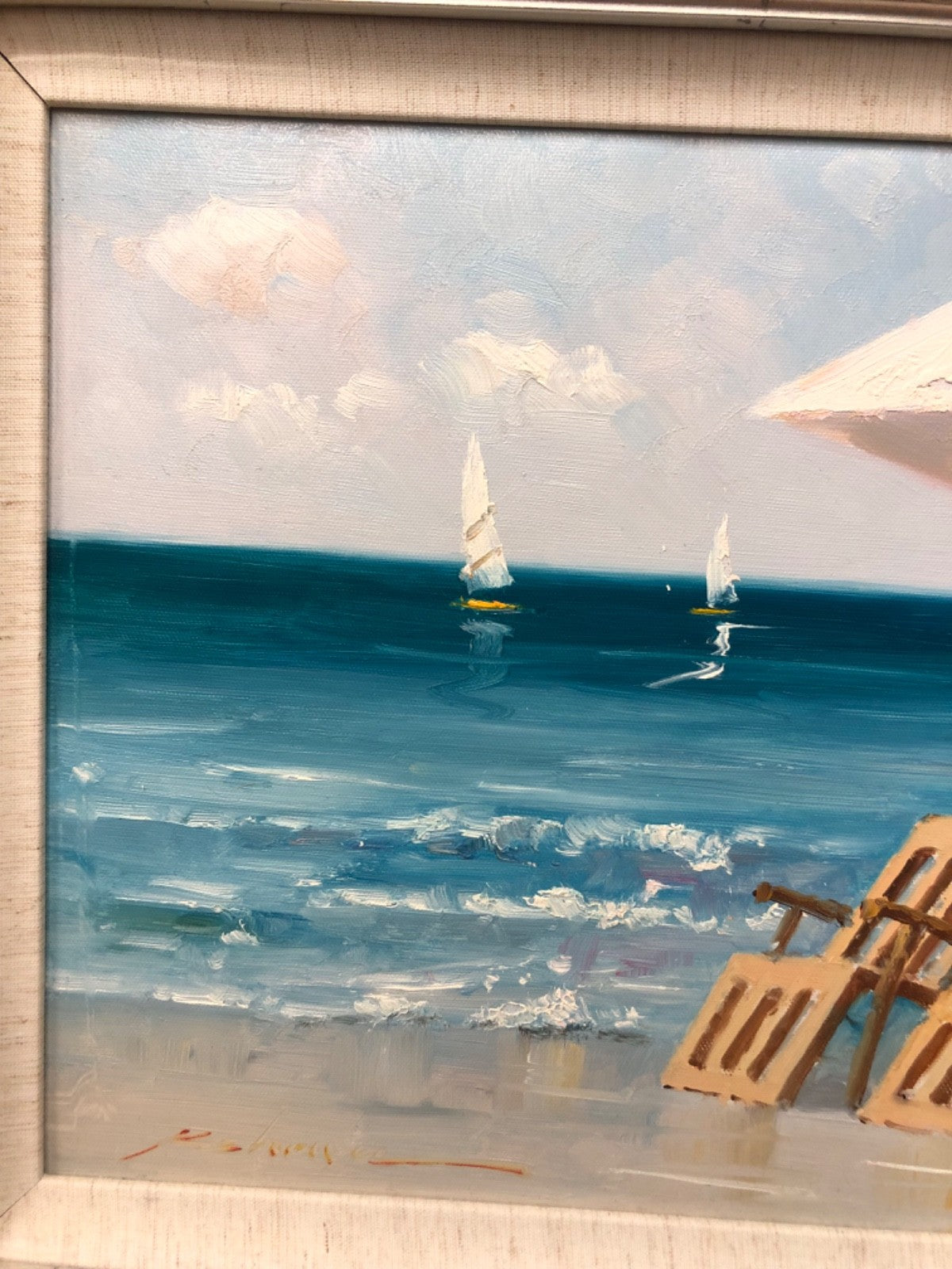 Acrylic Painting on Canvas of Two Chairs Under the Umbrella at the Beach- Signed