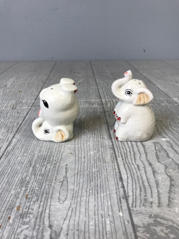 Elephant Ceramic Salt and Pepper Shakers Upside Down on Head White w/ Pink