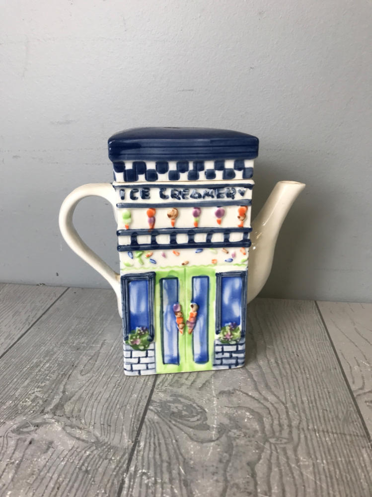 Vintage "Ice Creamery Ice Cream" Store Novelty Teapot -  Blue and White Ceramic