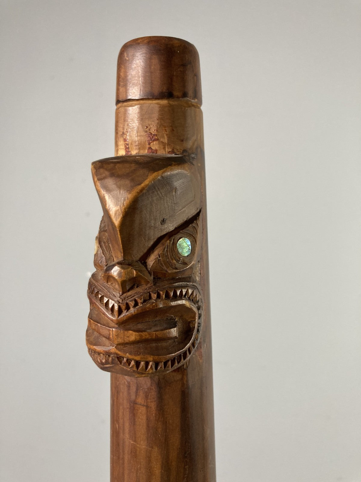 Decorative Tall Wooden Horn Shaped Polynesian Tribal Art Piece Mother of Pearl