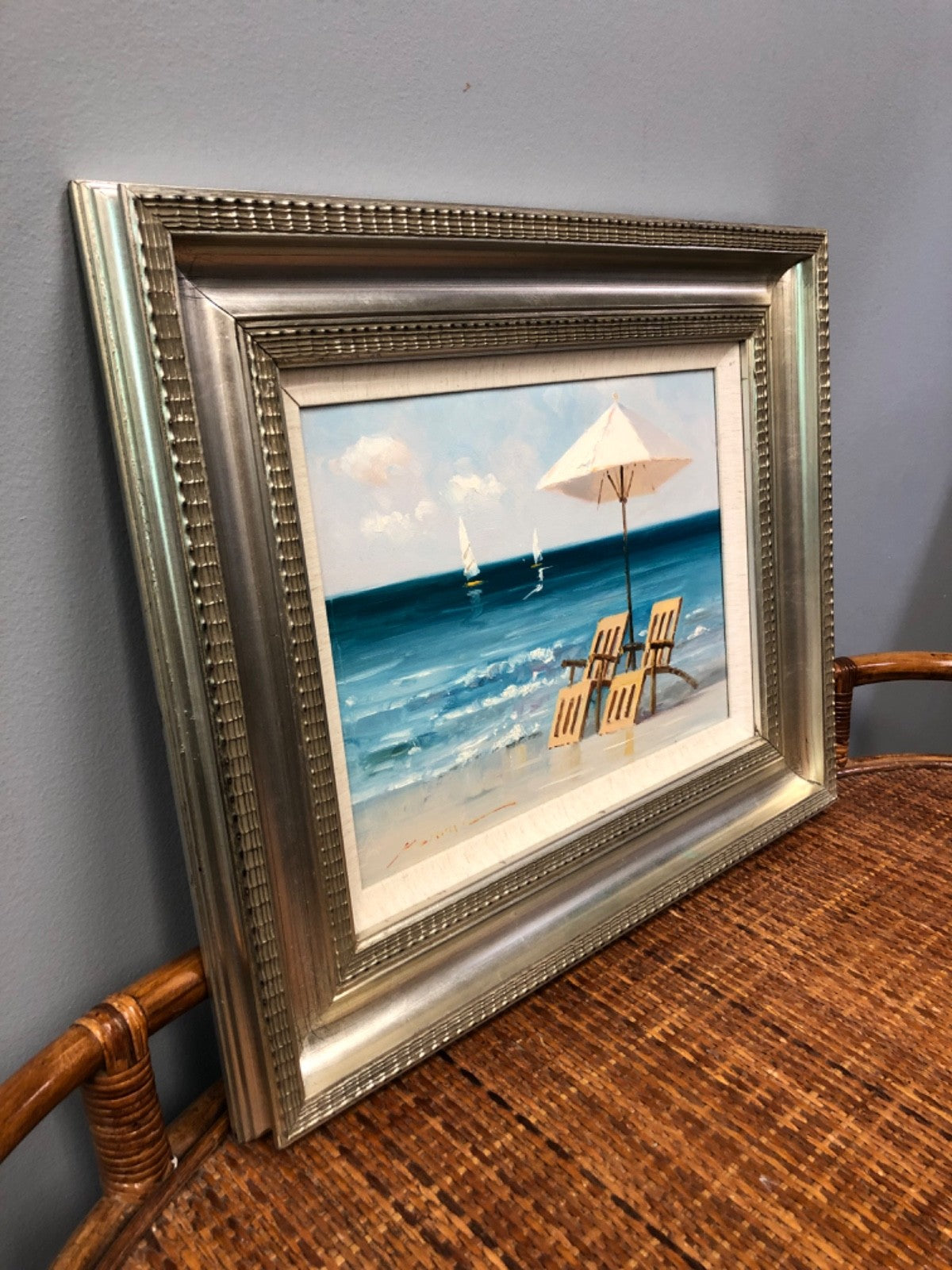 Acrylic Painting on Canvas of Two Chairs Under the Umbrella at the Beach- Signed