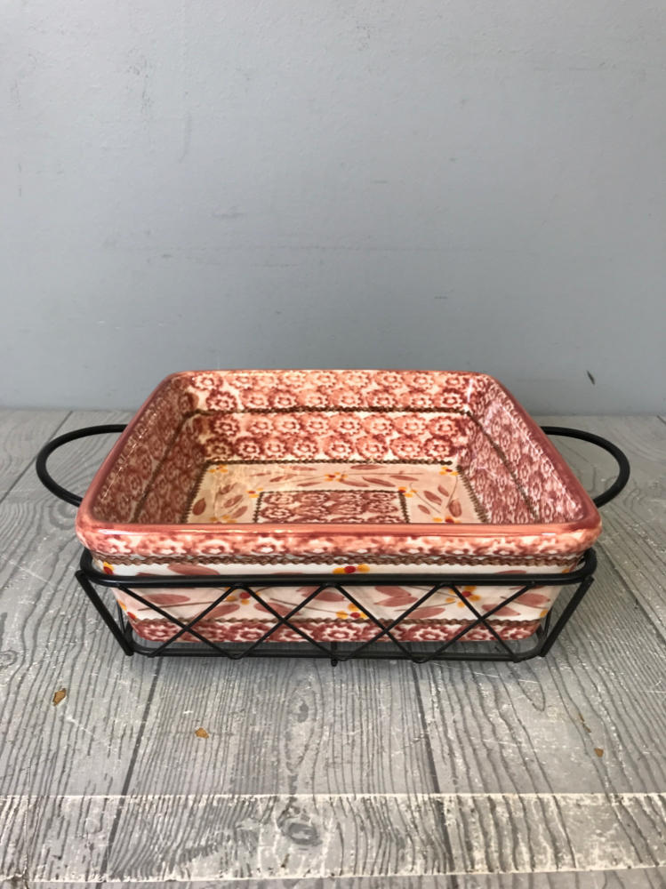 Temp-Tations Old World Cranberry 5 piece Square Baking Dishes w 3 Metal Stands